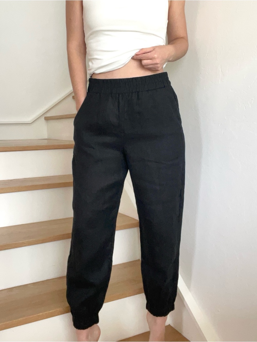 Lisa Bayne 100% Linen Black Barrel Leg High Waisted Joggers Pants Size Small